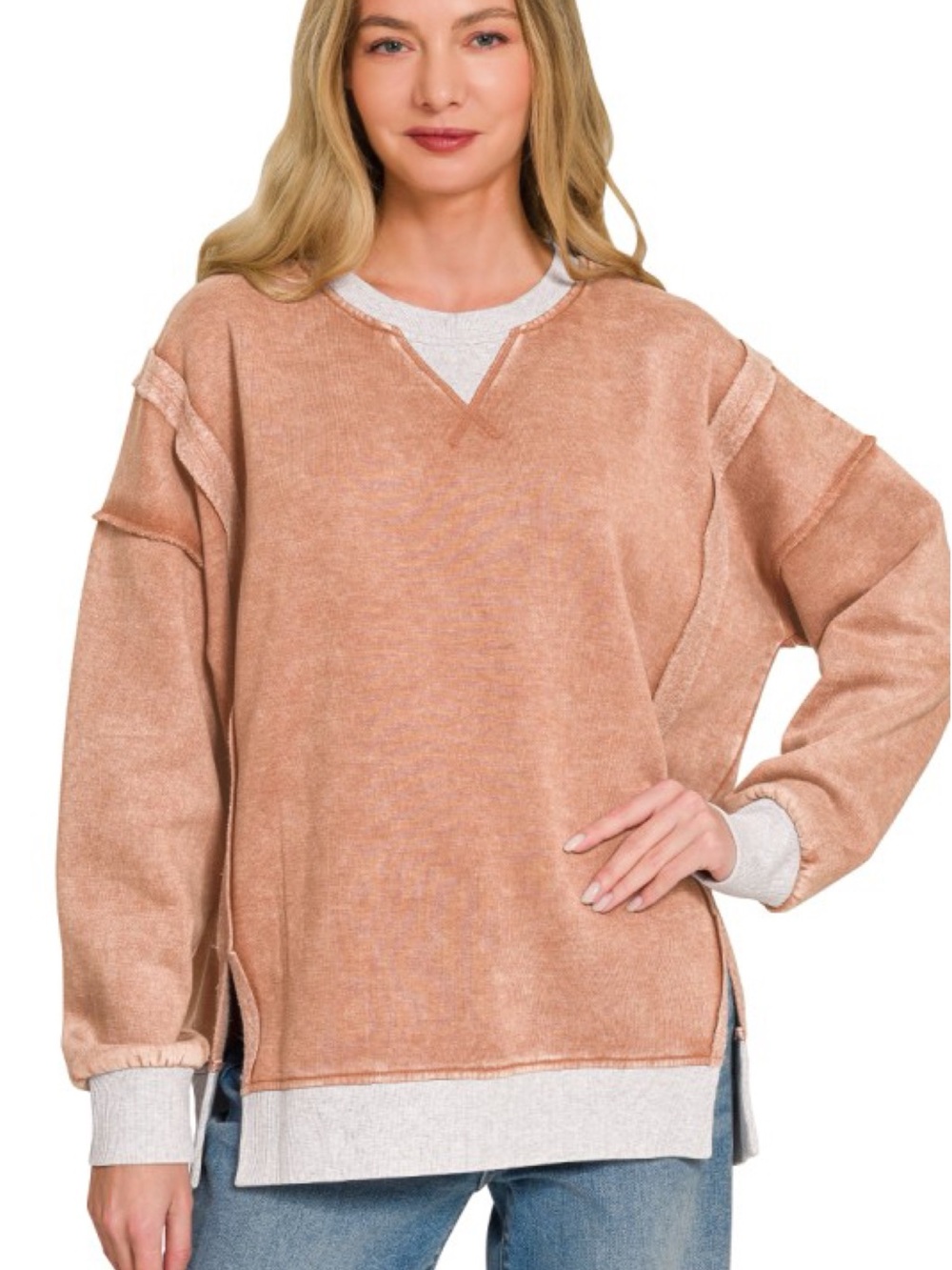 Washed Cozy Crewneck Sweater with Contrast Trim